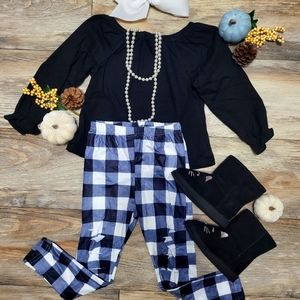 Trendy black Long sleeve top with matching black and white plaid legging set.
